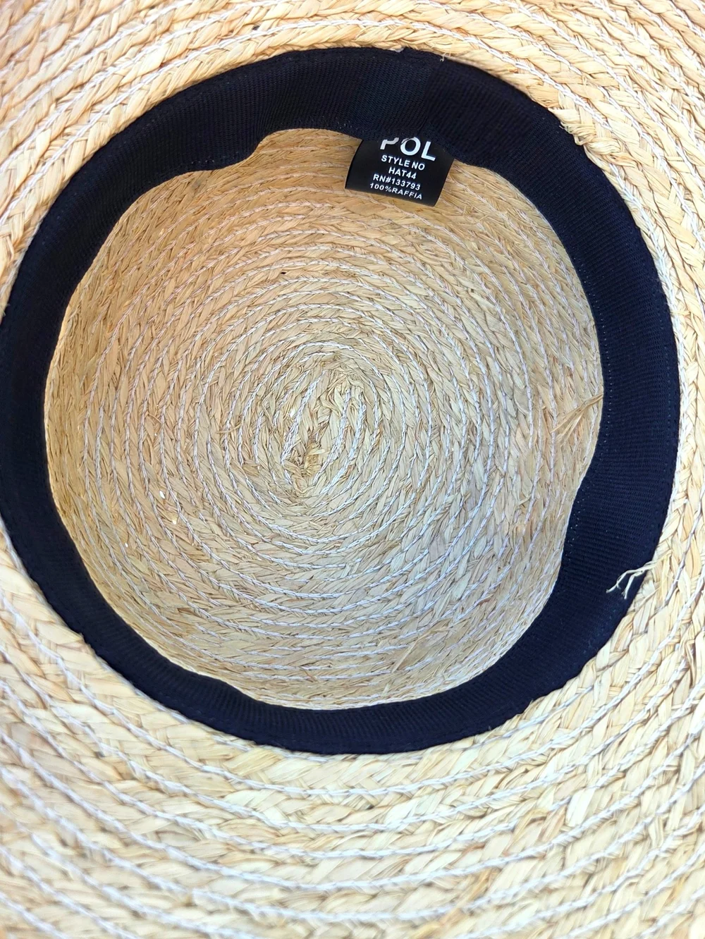 POL 100% Raffia Straw Boater Hat Raw Frayed Edge Navy Ribbon Bow Beach Sun Hat